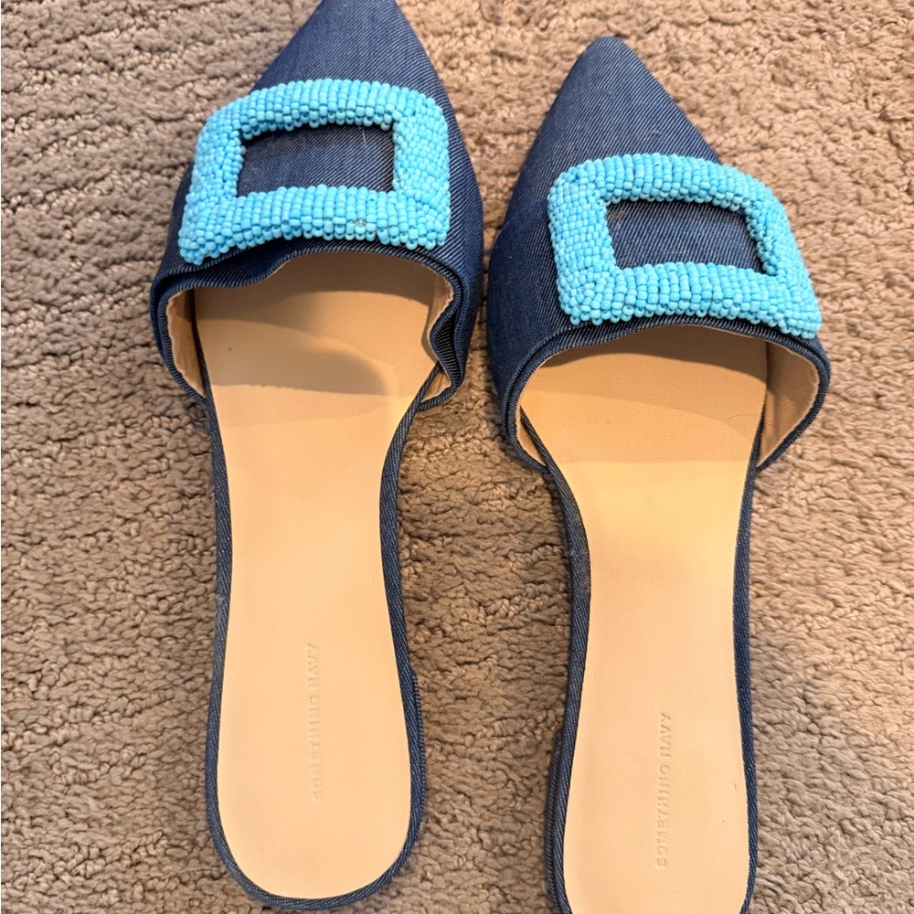 Pointed Toe Beaded Slide Mules - Blue